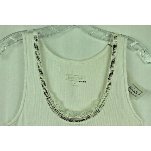 ABS Essentials Top XL White Ribbed Tank Beaded Bugle Beads Embellished Women New - Picture 3 of 7